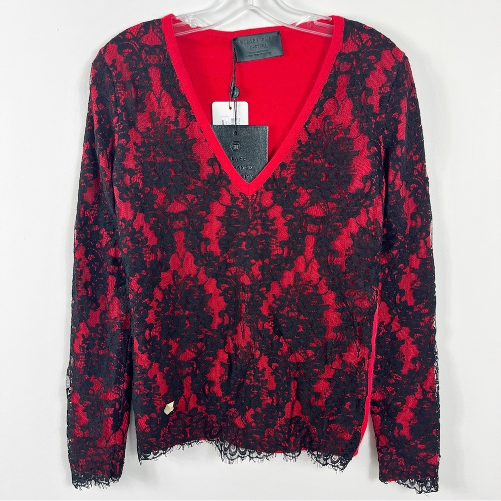 Philipp Plein Angora Wool Lace Overlay V-Neck Sweater Size Small NWT Cherry Red